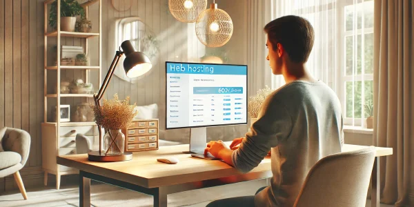 DALL·E 2025-04-21 17.03.39 - A realistic horizontal scene of a single person working on web hosting tasks, ideal for freelancers or website designers. The person appears natural a